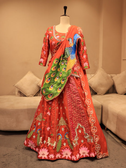 Rust orange hand painted peacock lehenga