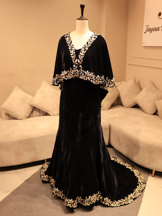 Black zardosi embroidered velvet gown