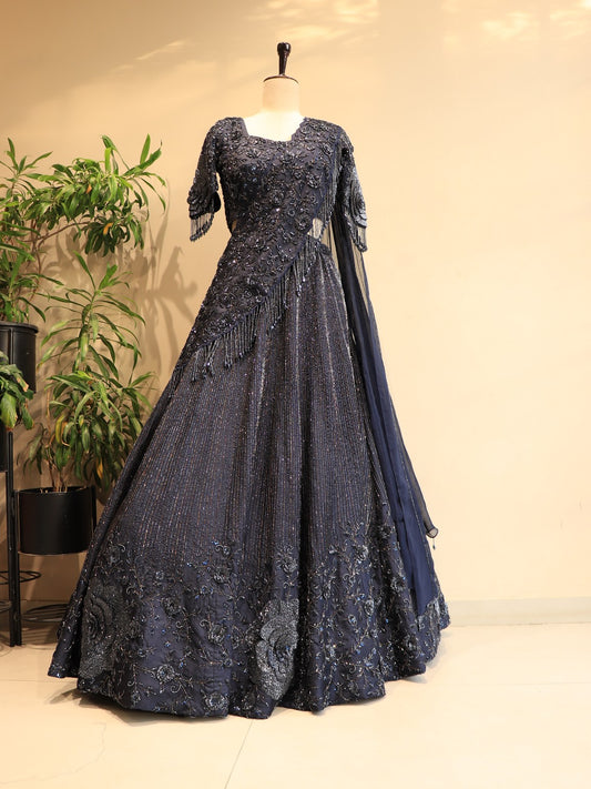 Navy blue 3D embroidered lehenga set