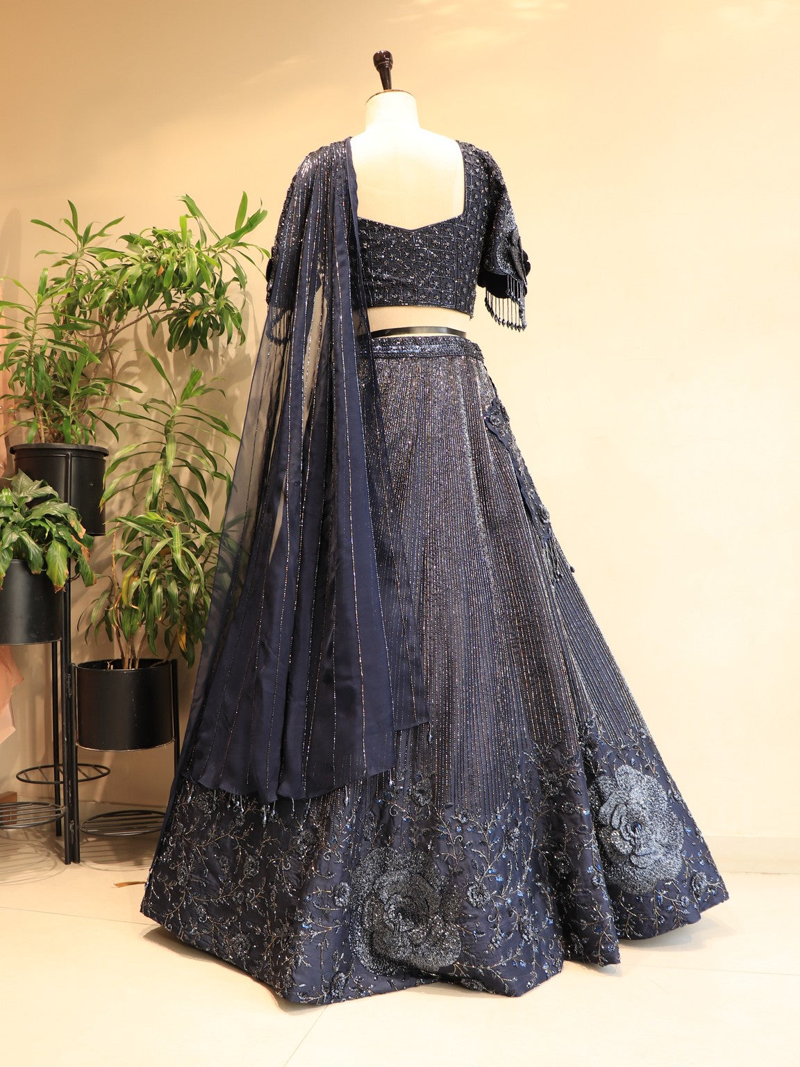 Navy blue 3D embroidered lehenga set