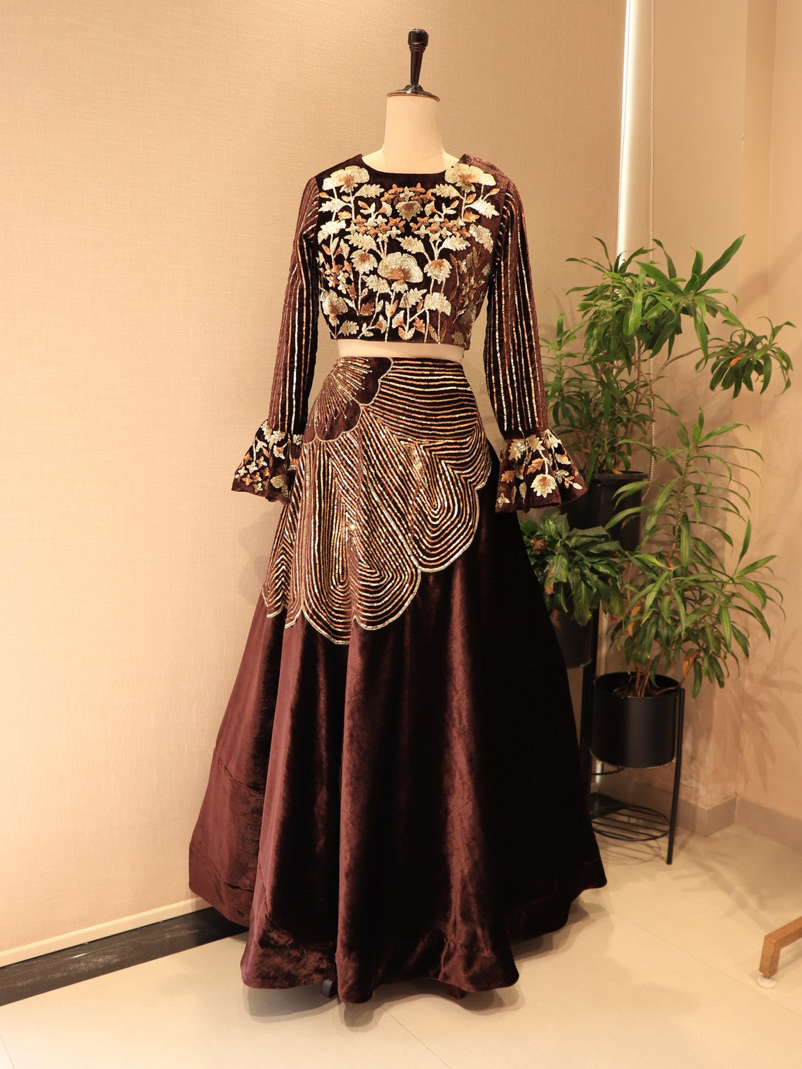 Deep brown embroidered velvet crop top skirt