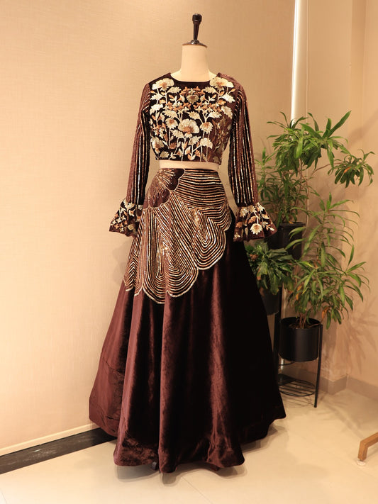 Deep brown embroidered velvet crop top skirt