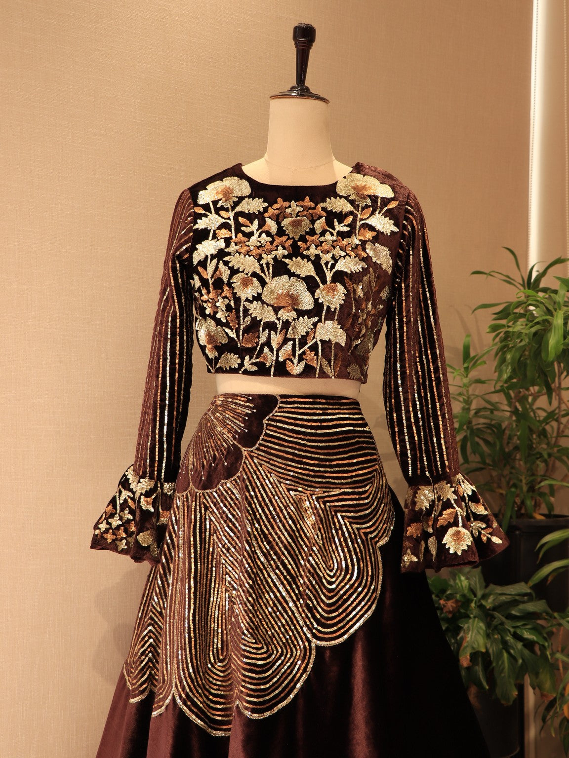 Deep brown embroidered velvet crop top skirt