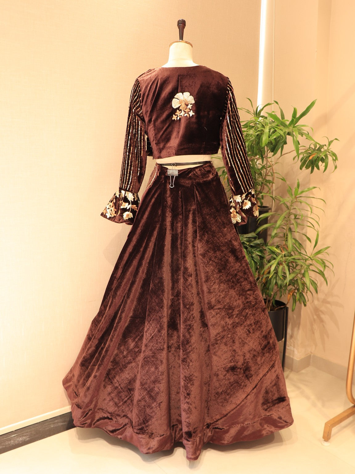 Deep brown embroidered velvet crop top skirt