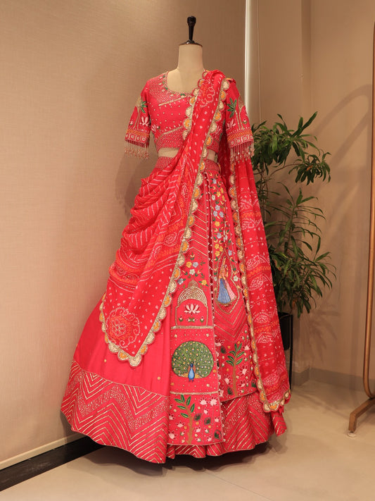 Pink bandhej peacock  lehenga set