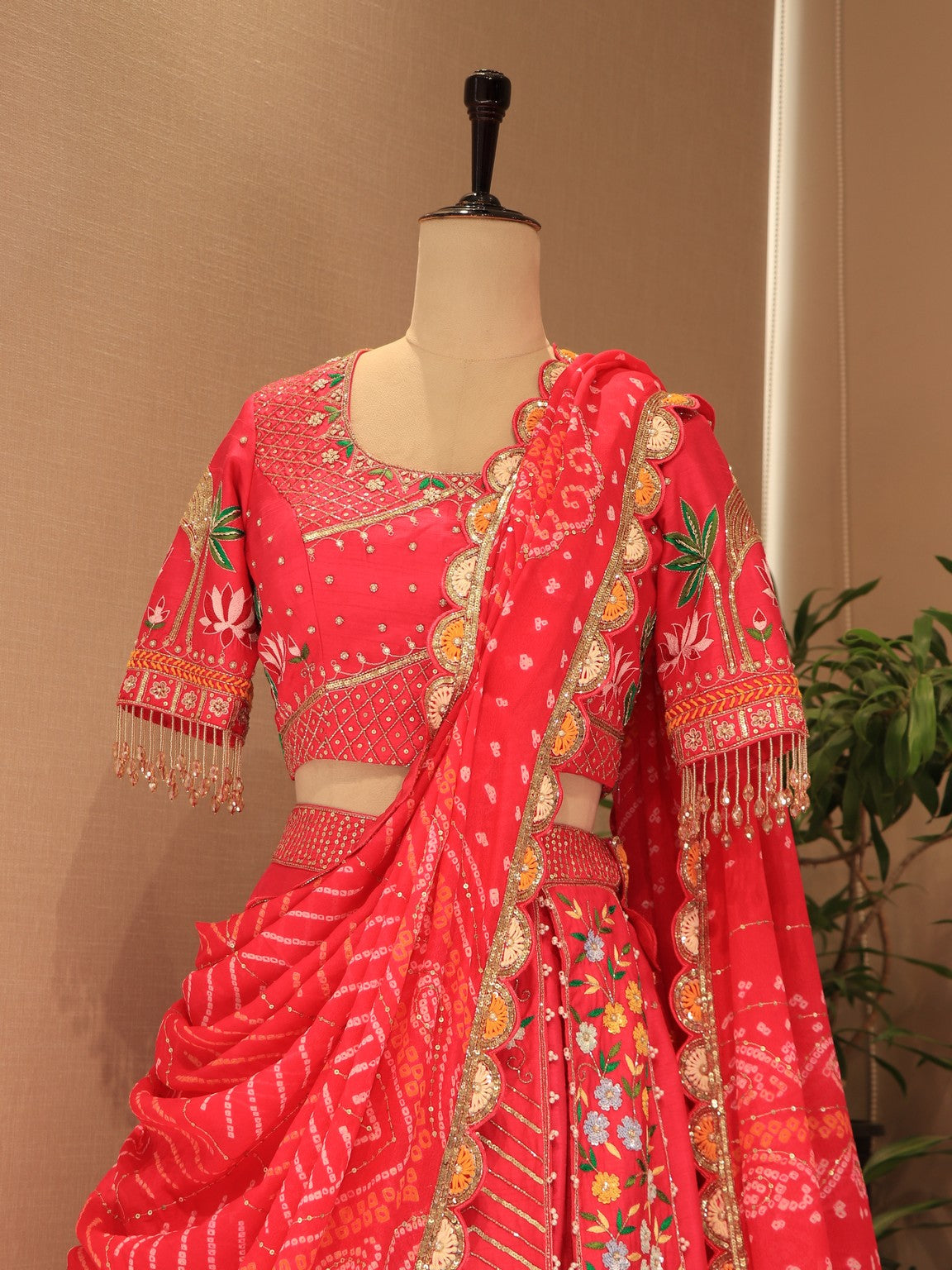 Pink bandhej peacock  lehenga set