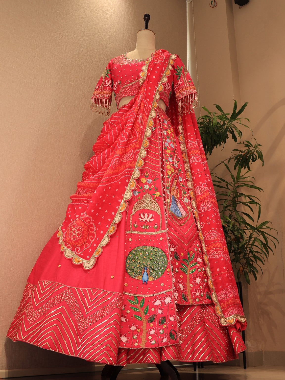 Pink bandhej peacock  lehenga set