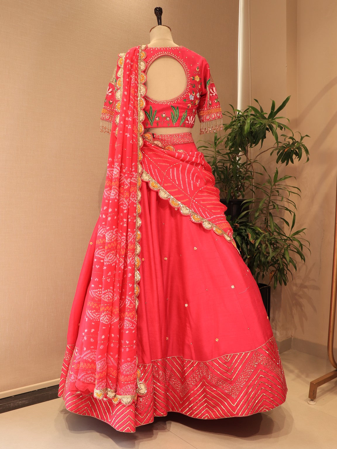 Pink bandhej peacock  lehenga set
