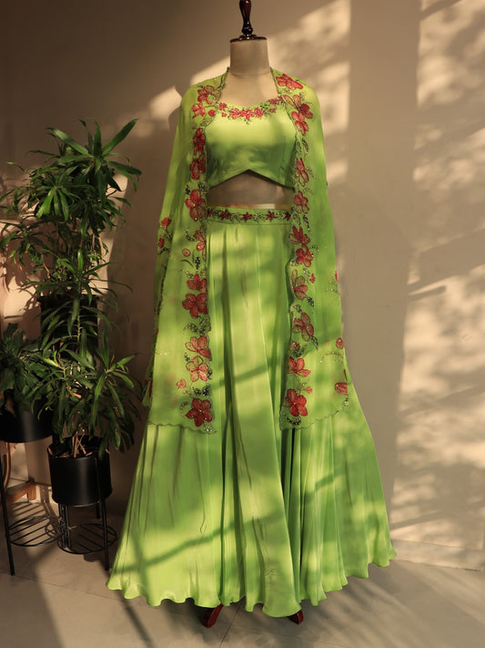 Parrot green hand painted crop top skirt cape