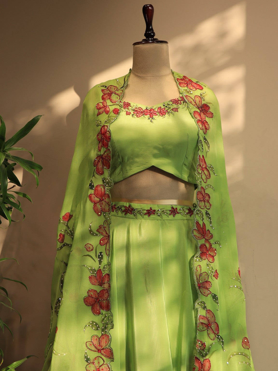 Parrot green hand painted crop top skirt cape