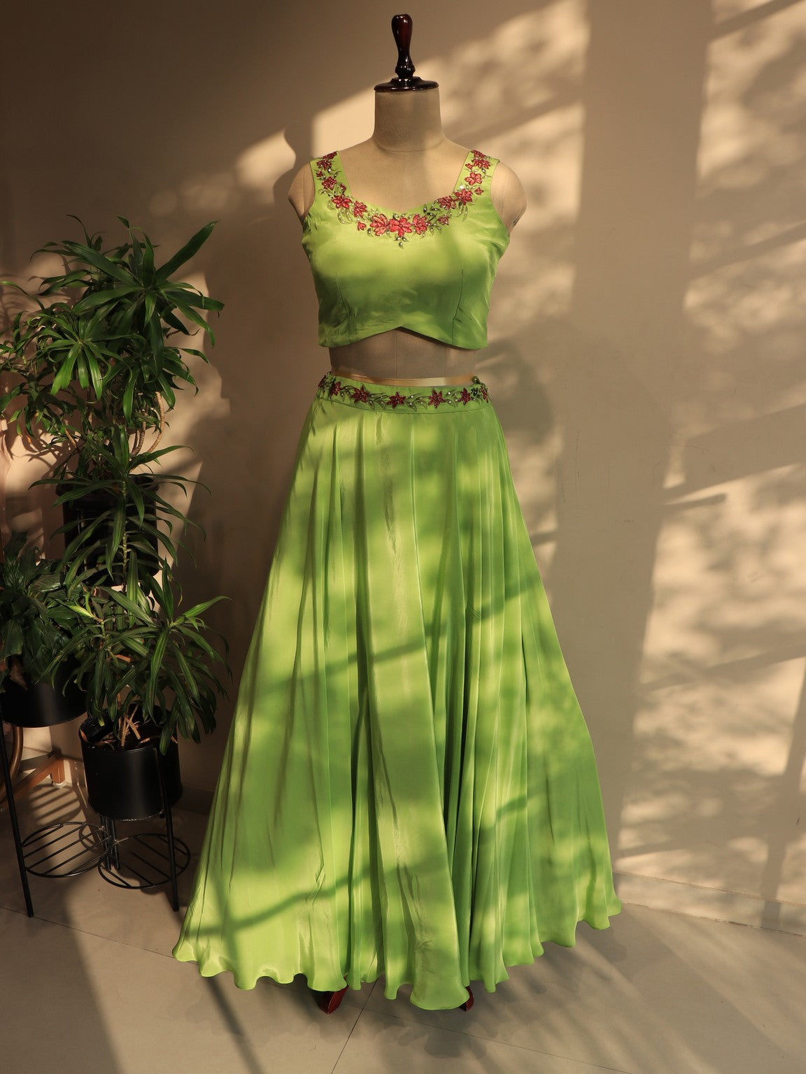 Parrot green hand painted crop top skirt cape