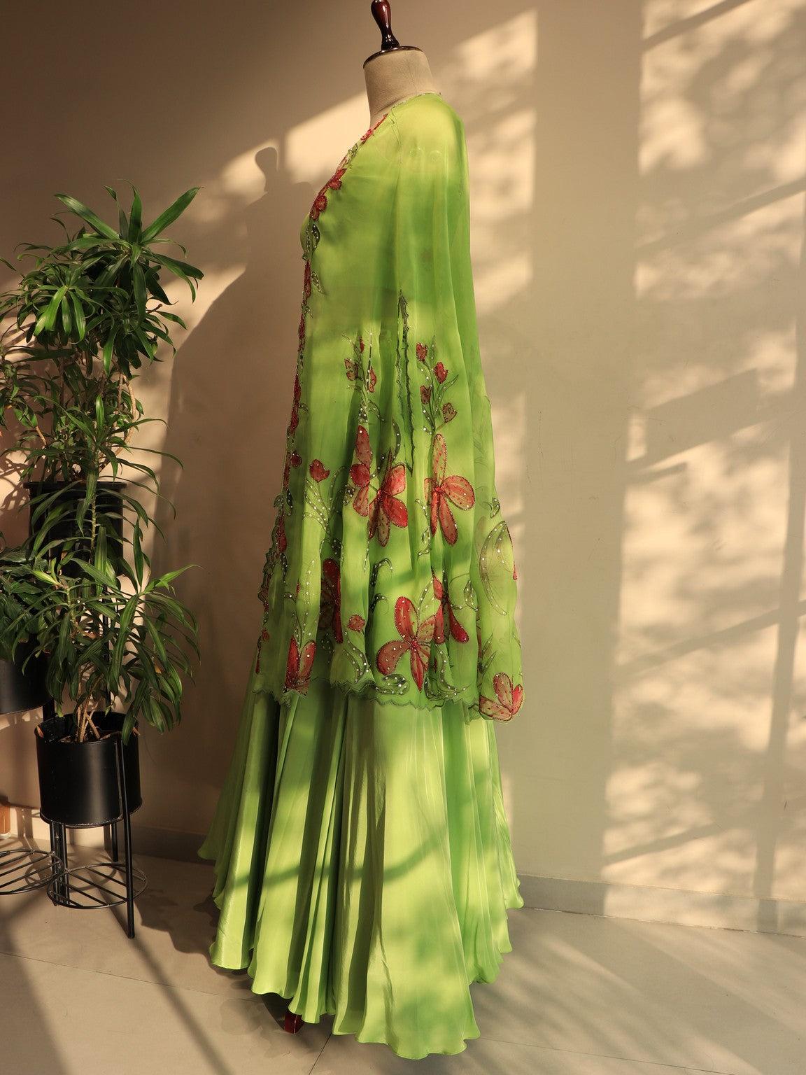 Parrot green hand painted crop top skirt cape