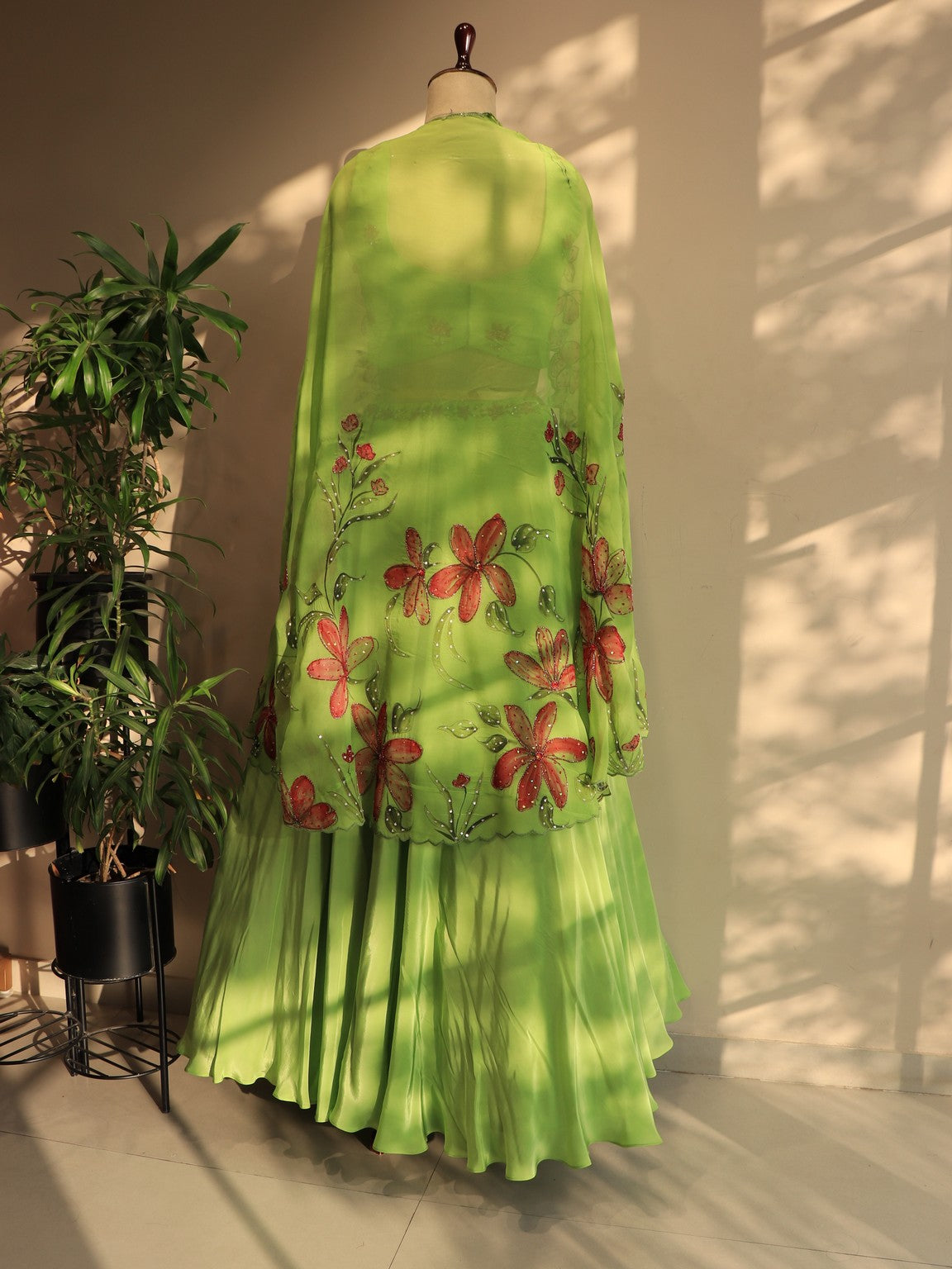 Parrot green hand painted crop top skirt cape