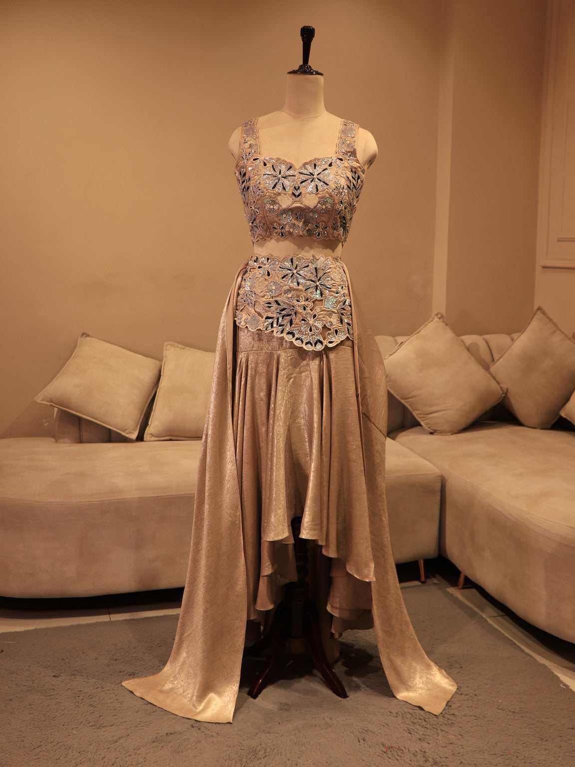 Beige crop top drape skirt