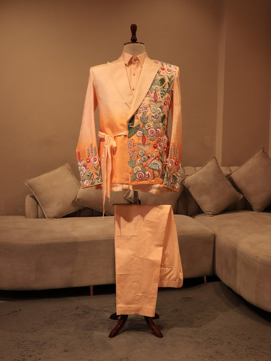 Peach shaded embroidered mens indo western