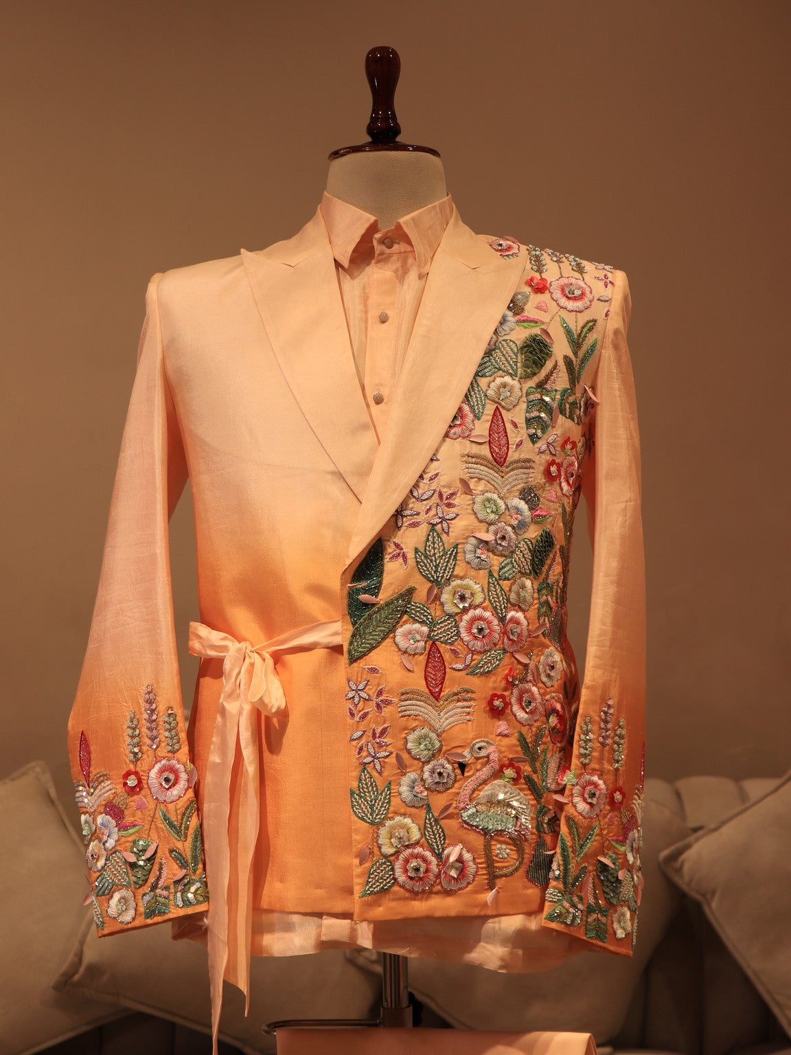 Peach shaded embroidered mens indo western