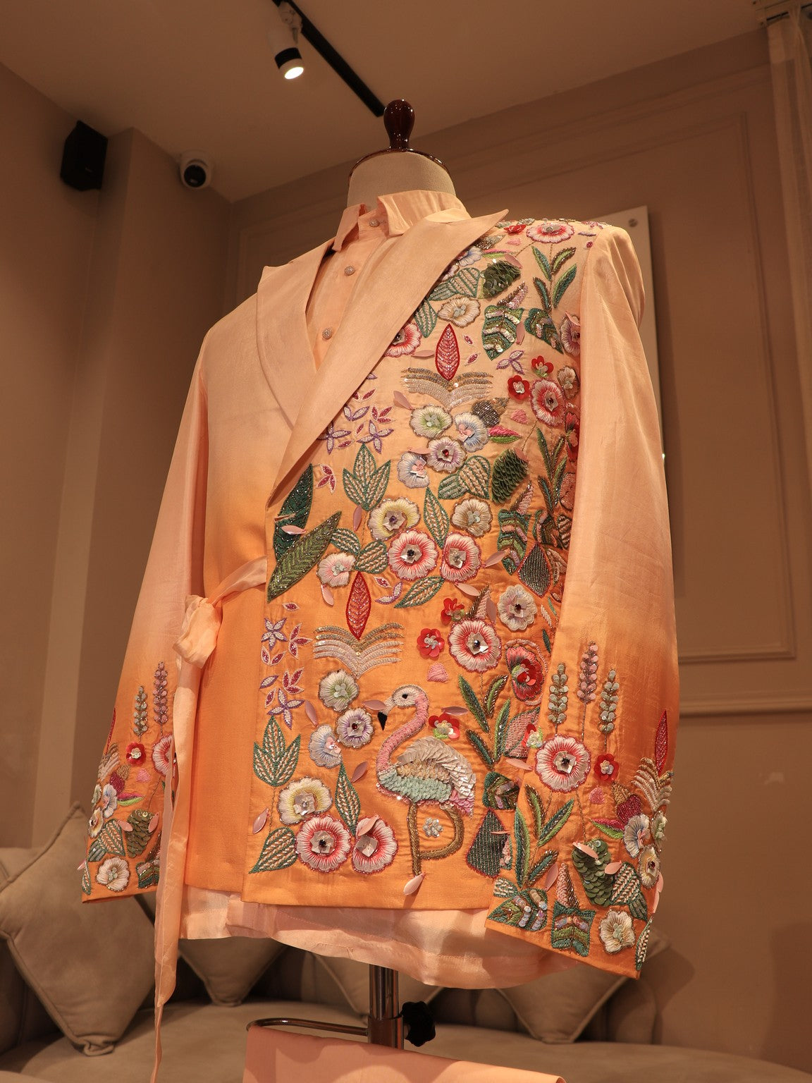 Peach shaded embroidered mens indo western