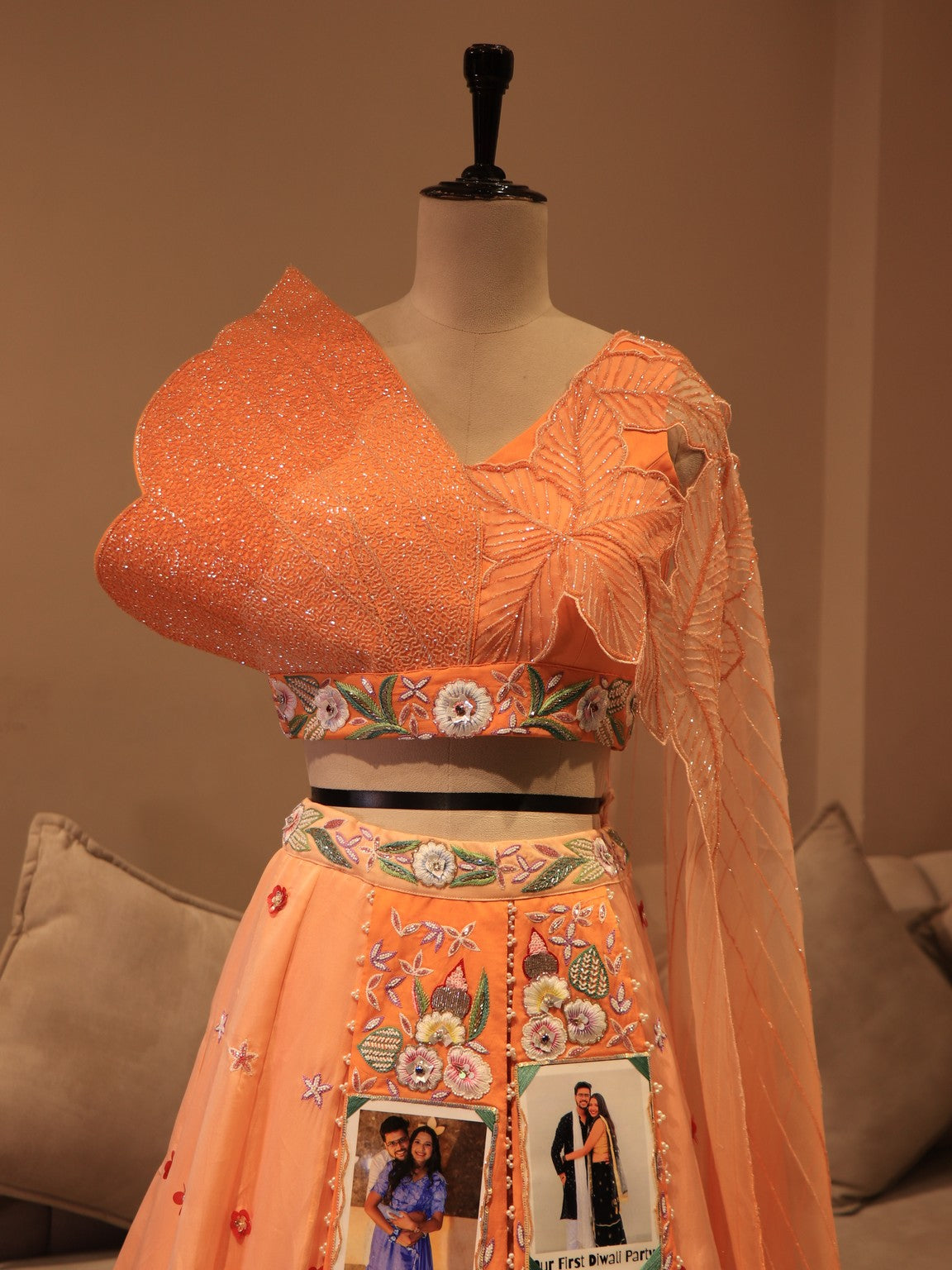 Peach shaded embroidered custom crop top skirt