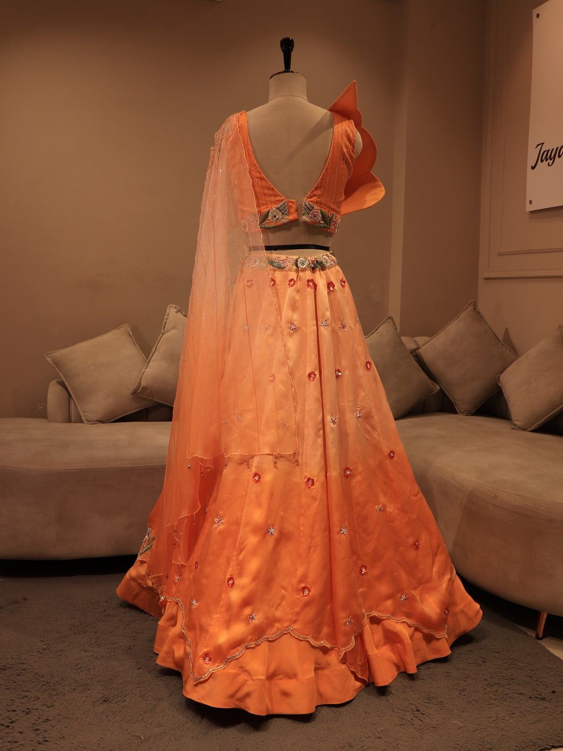 Peach shaded embroidered custom crop top skirt