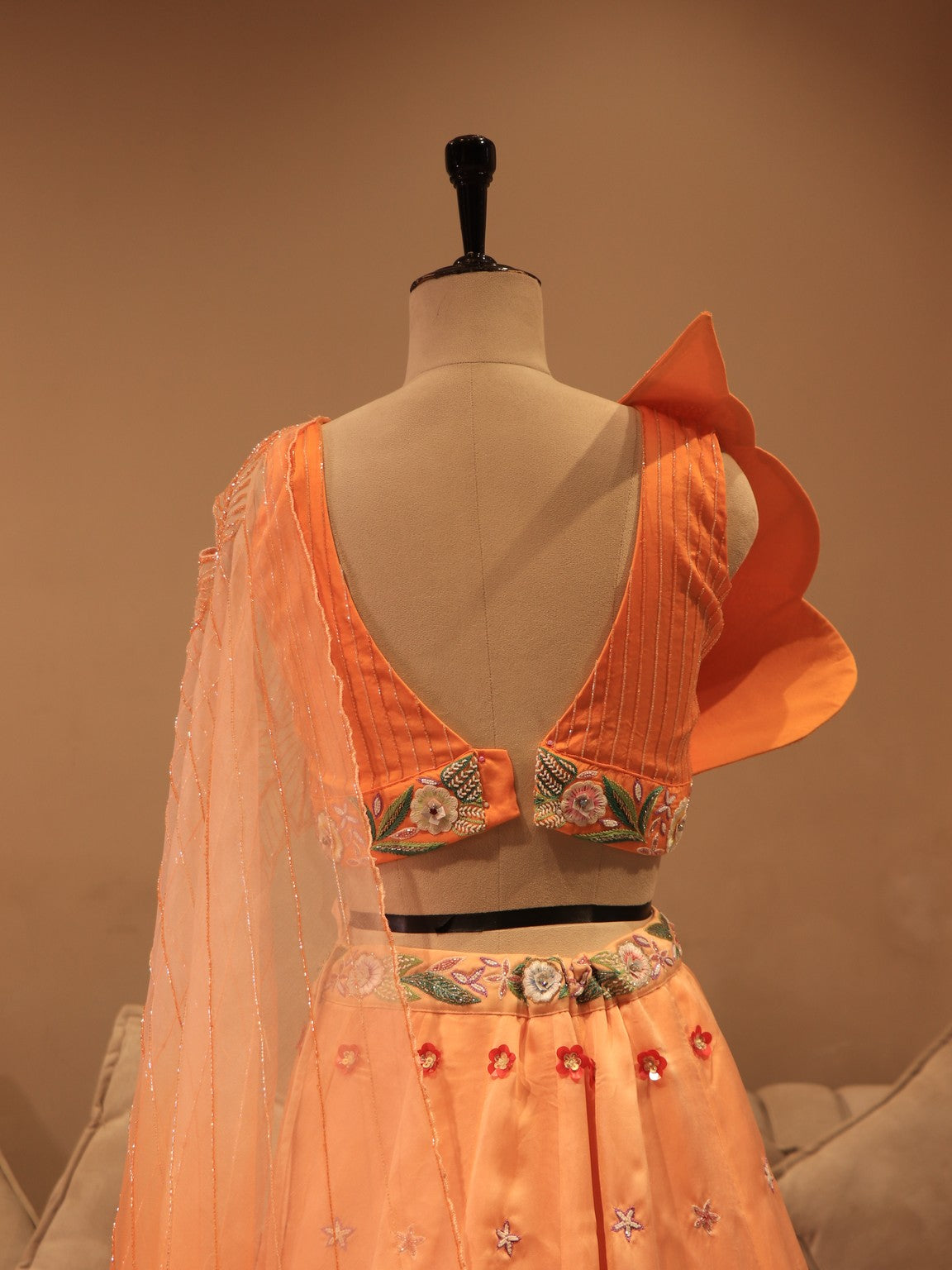 Peach shaded embroidered custom crop top skirt