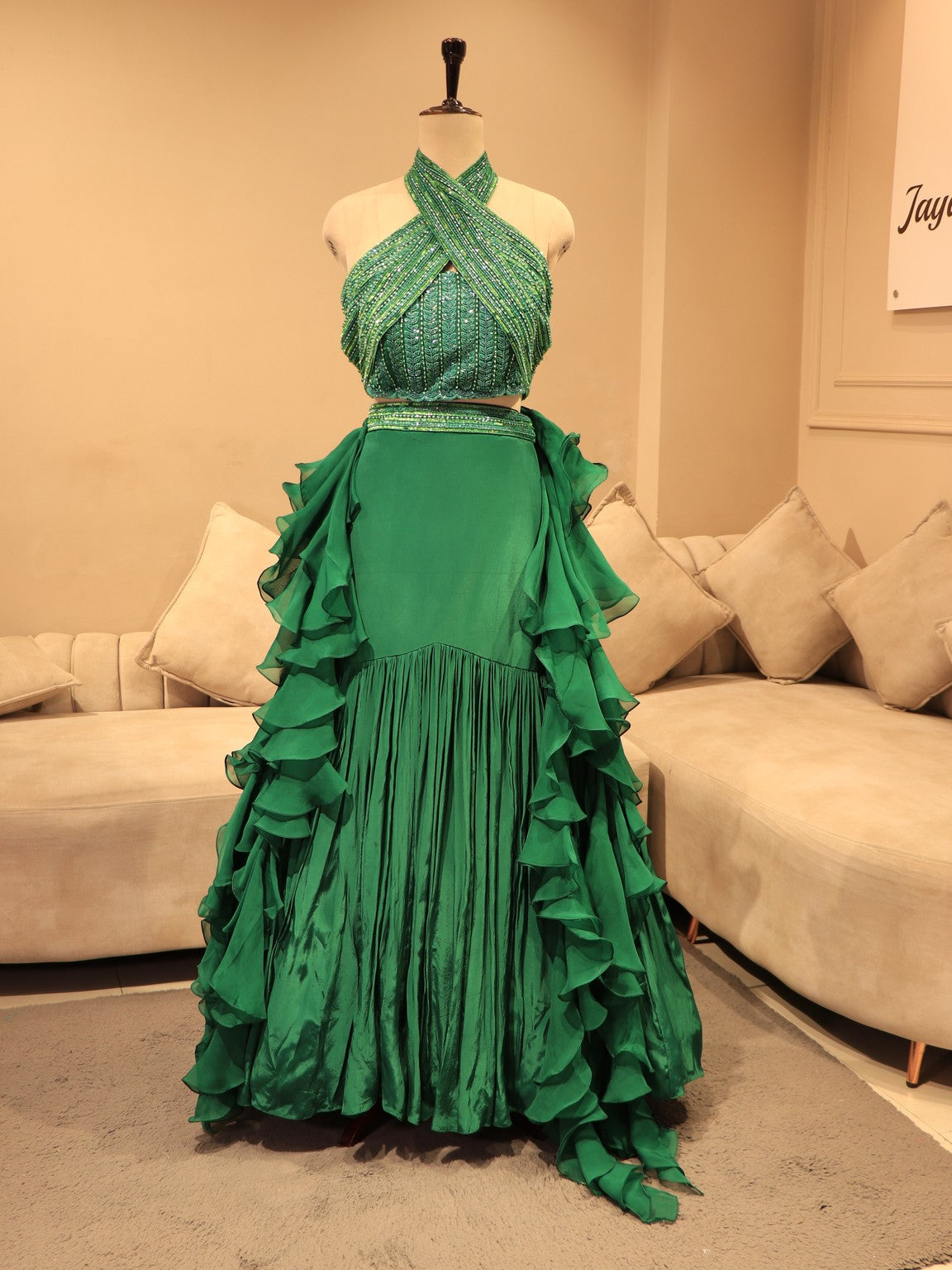 Bottle green crop top skirt drape dupatta