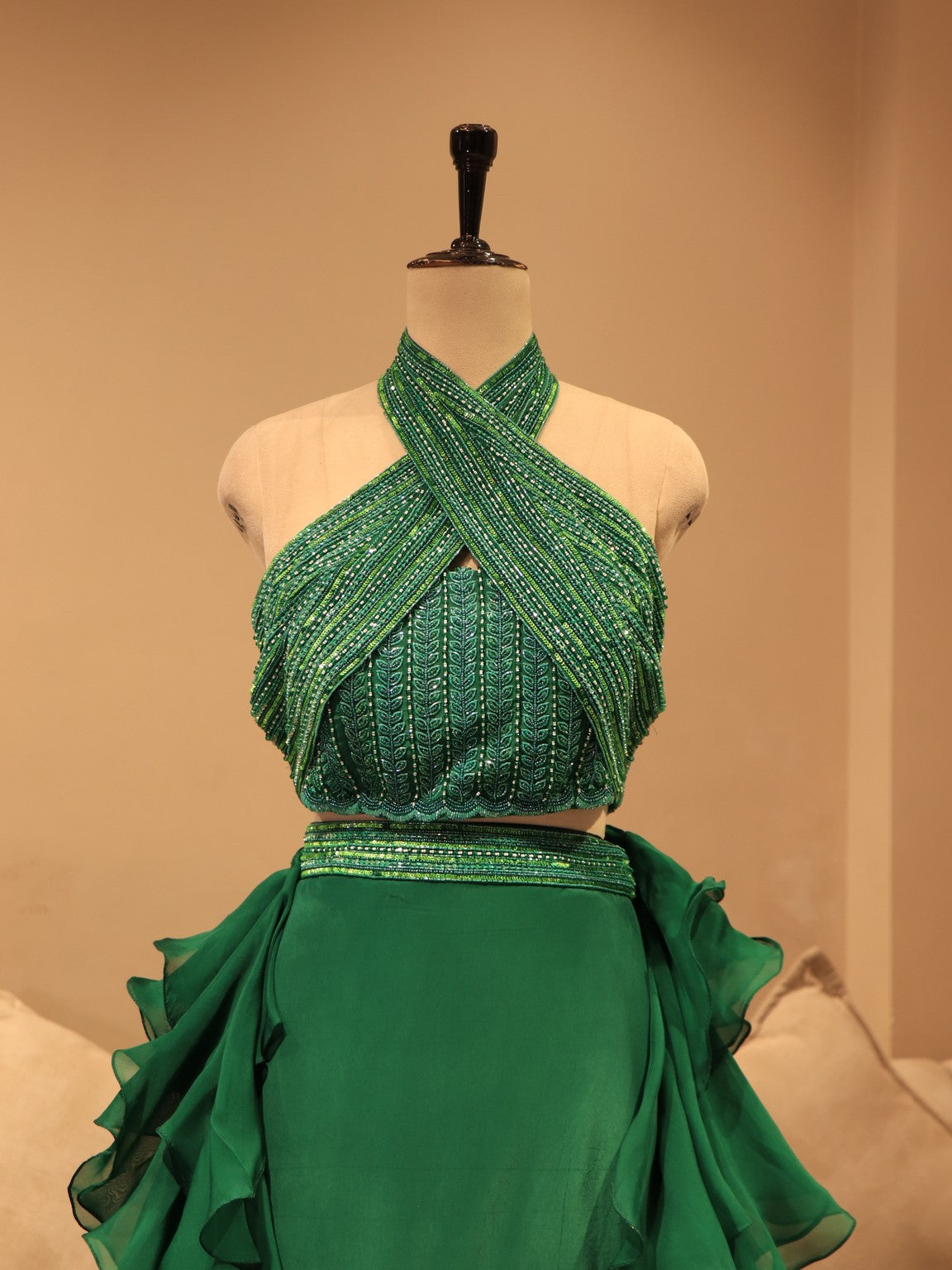 Bottle green crop top skirt drape dupatta