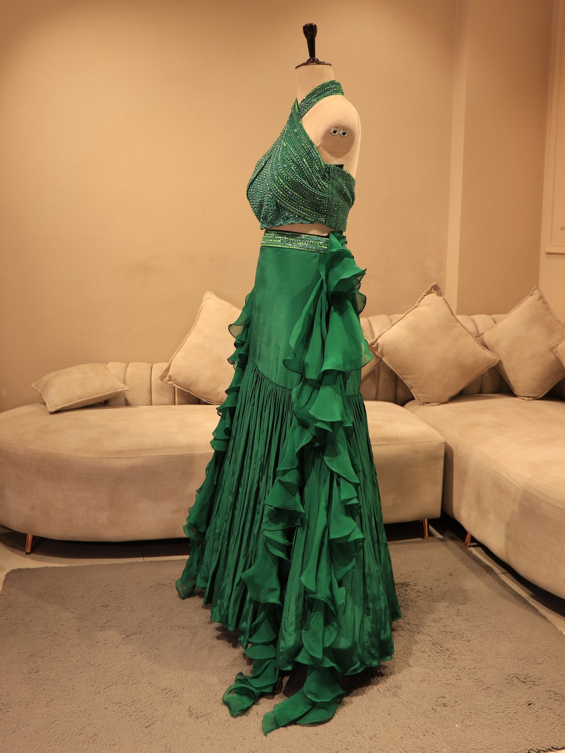 Bottle green crop top skirt drape dupatta