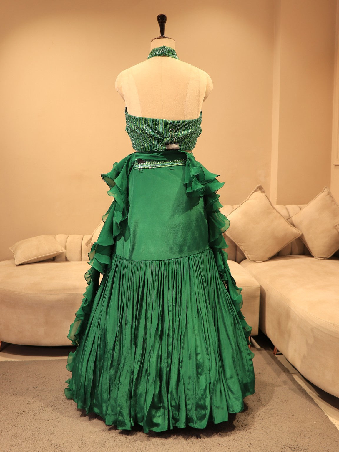 Bottle green crop top skirt drape dupatta