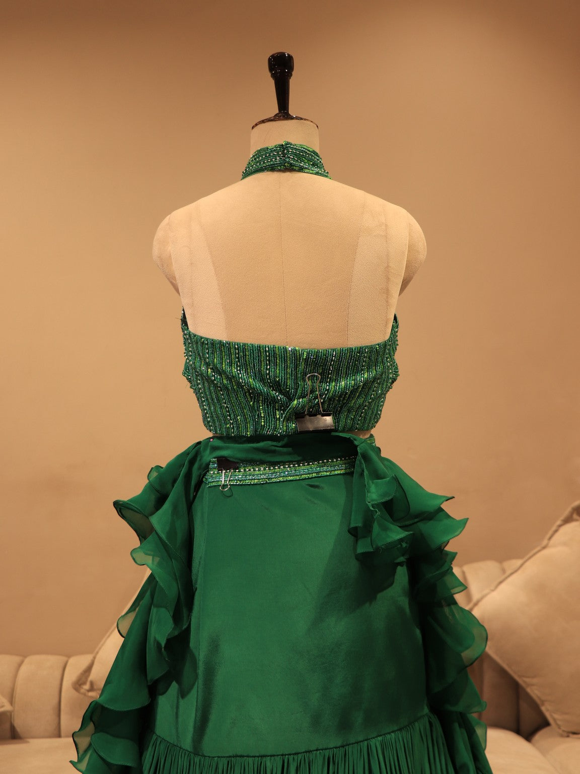 Bottle green crop top skirt drape dupatta
