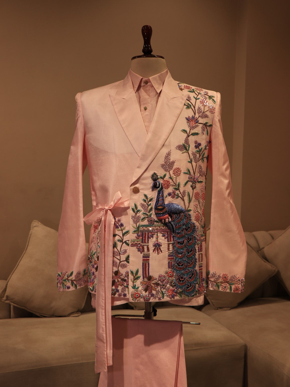 Blush pink peacock mens blazer with pants
