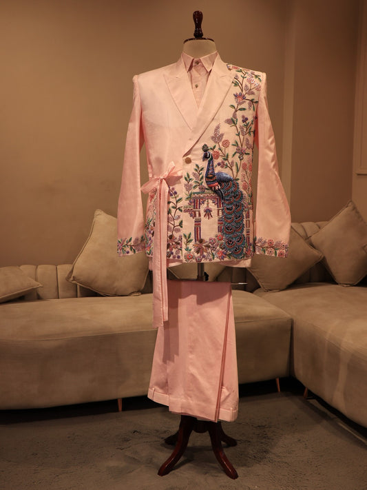 Blush pink peacock mens blazer with pants