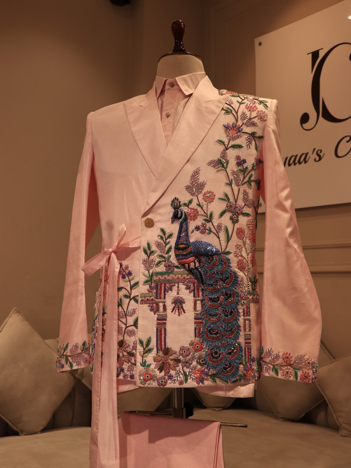 Blush pink peacock mens blazer with pants