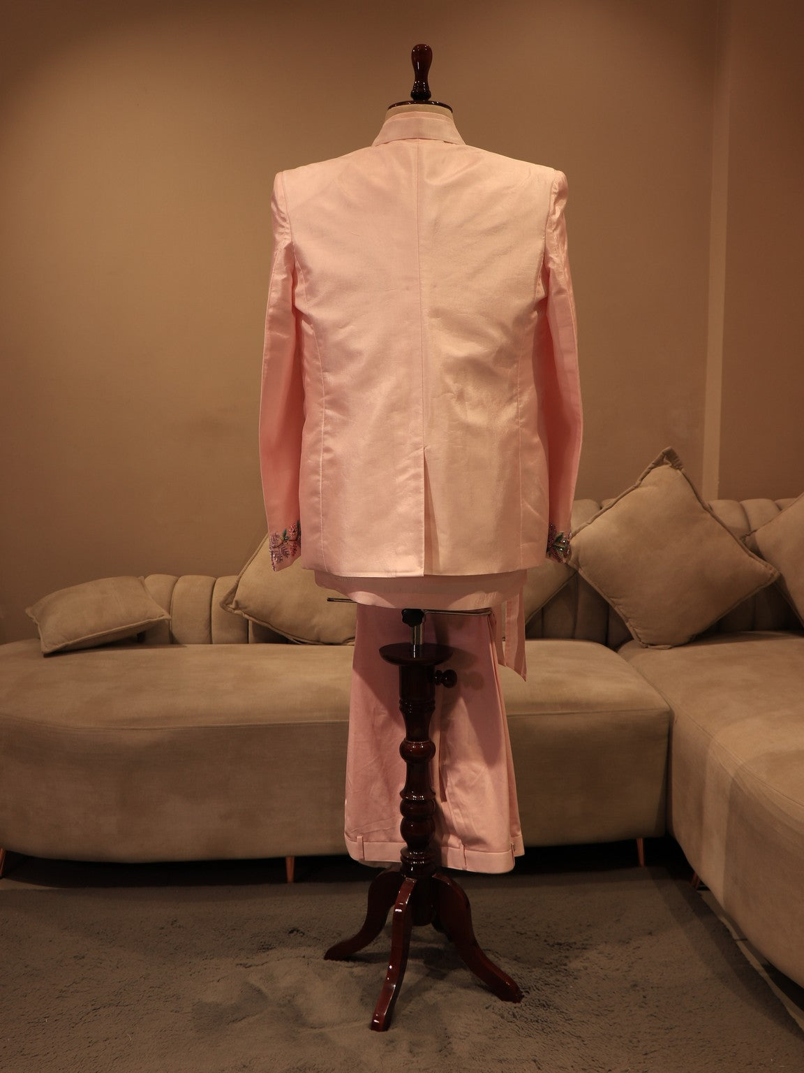 Blush pink peacock mens blazer with pants