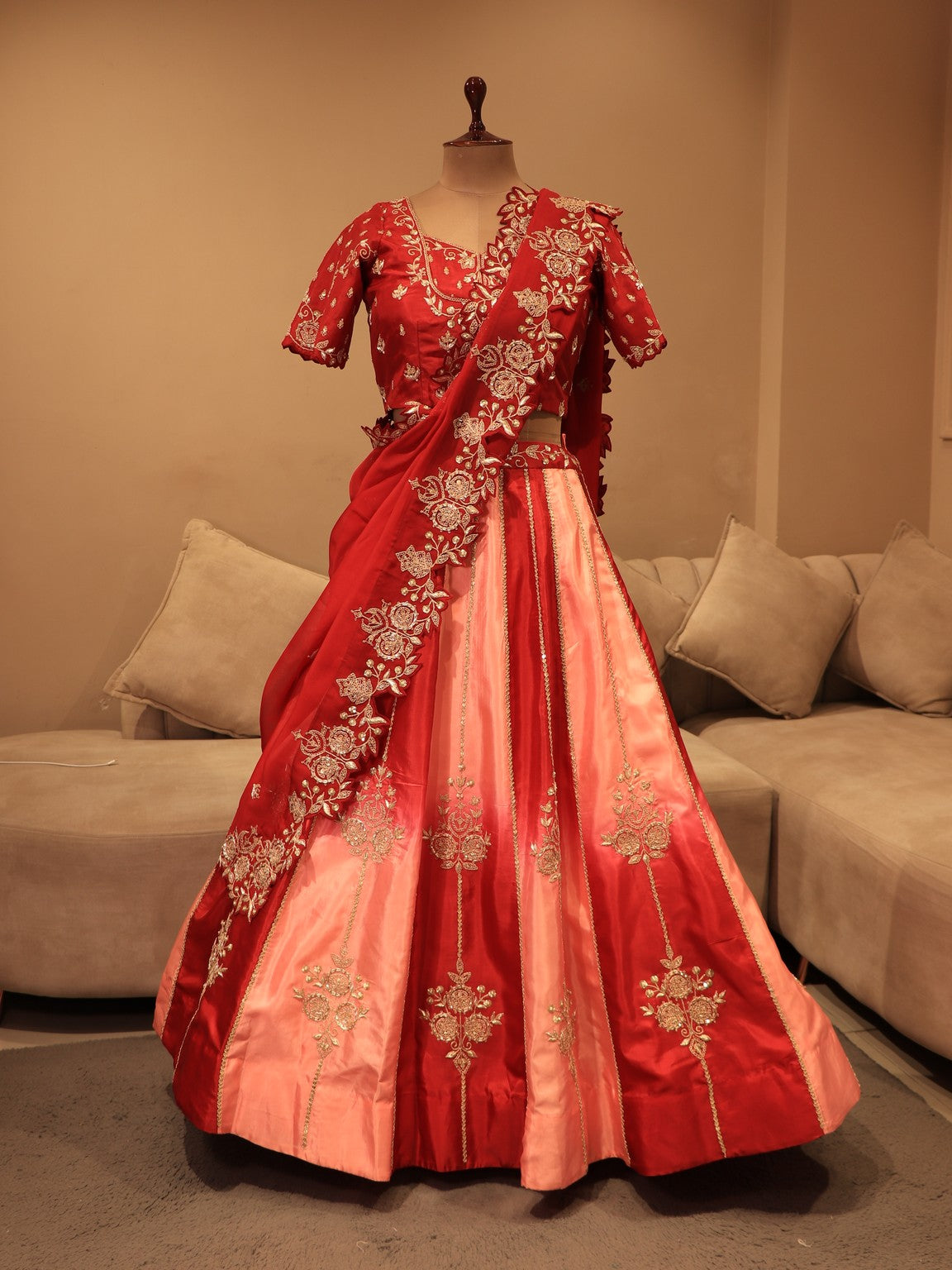 Deep maroon peach shaded maroon lehenga set