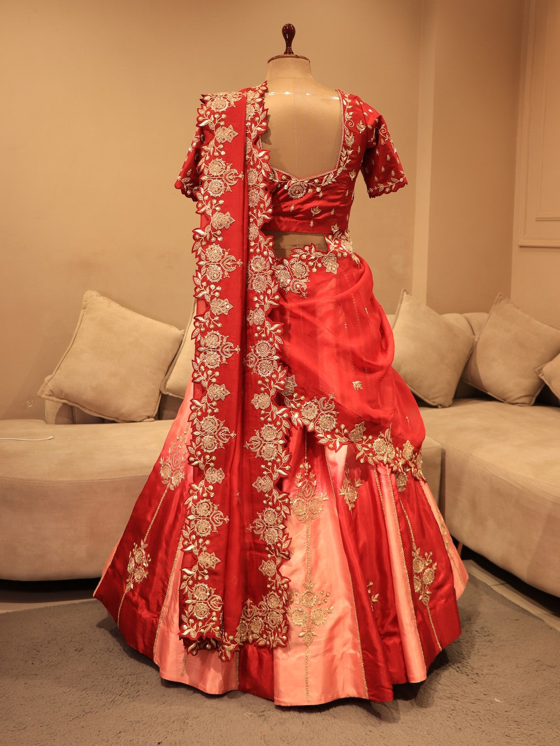 Deep maroon peach shaded maroon lehenga set