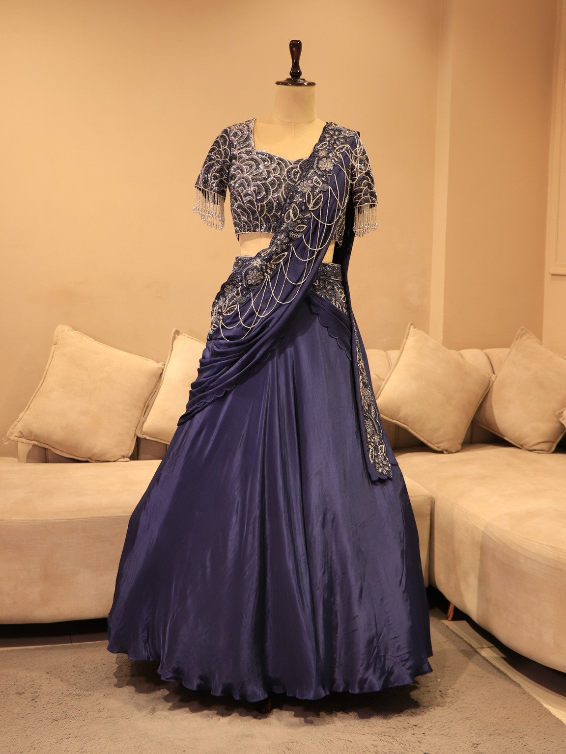 Navy blue drape lehenga set
