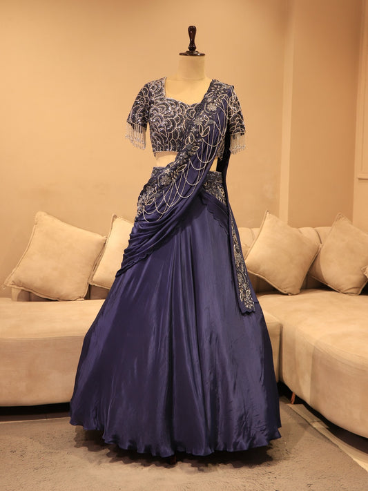 Navy blue drape lehenga set