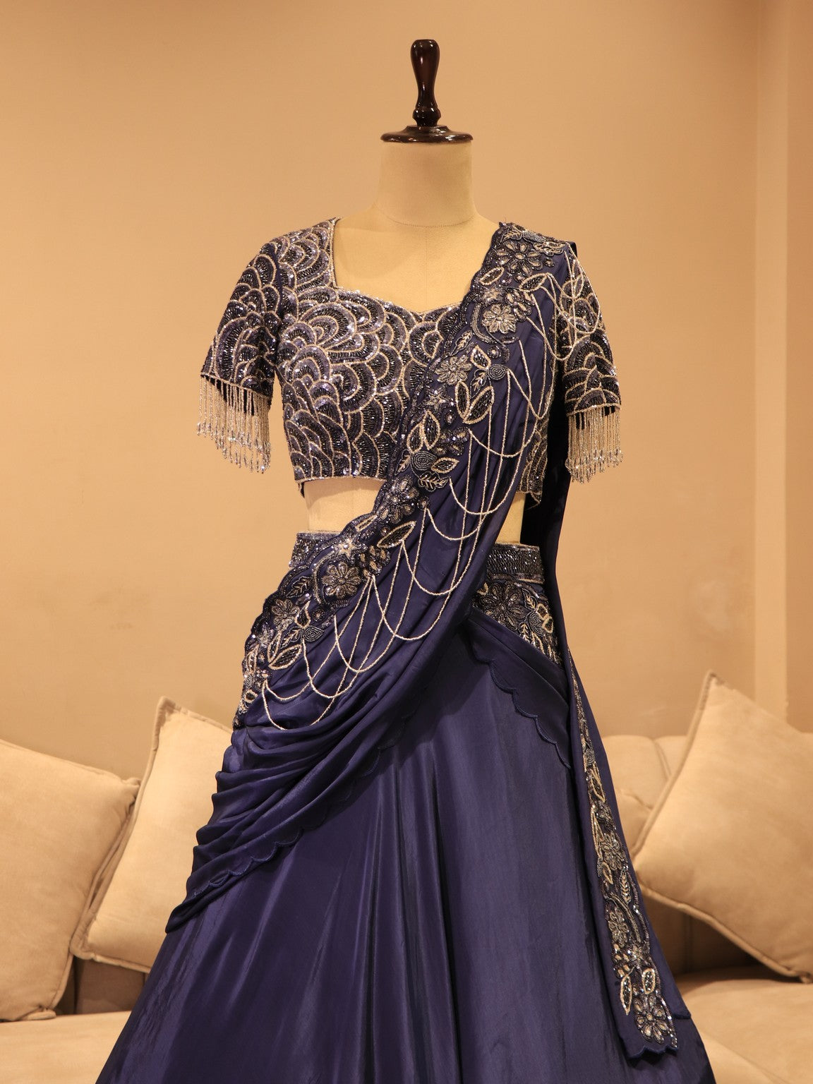 Navy blue drape lehenga set
