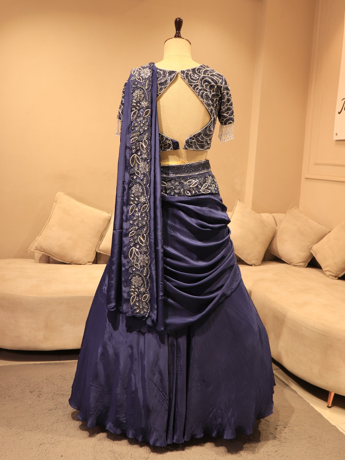 Navy blue drape lehenga set