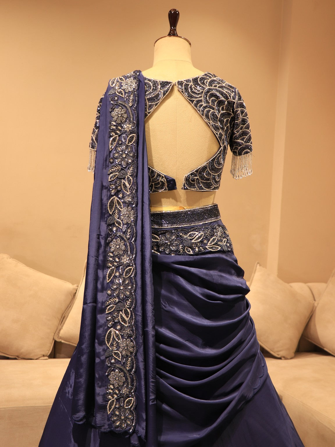 Navy blue drape lehenga set