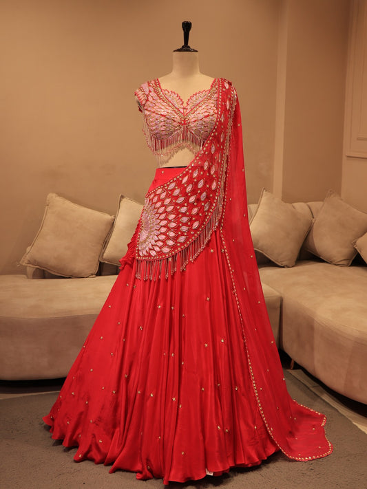 Hot pink embroidered lehenga set drape dupatta