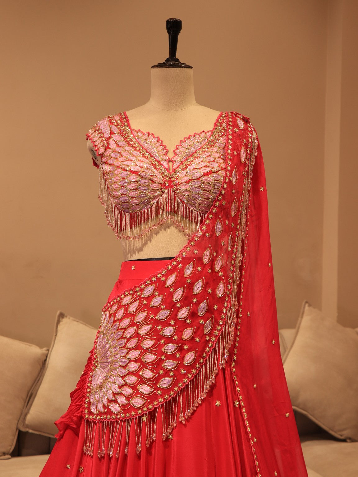 Hot pink embroidered lehenga set drape dupatta