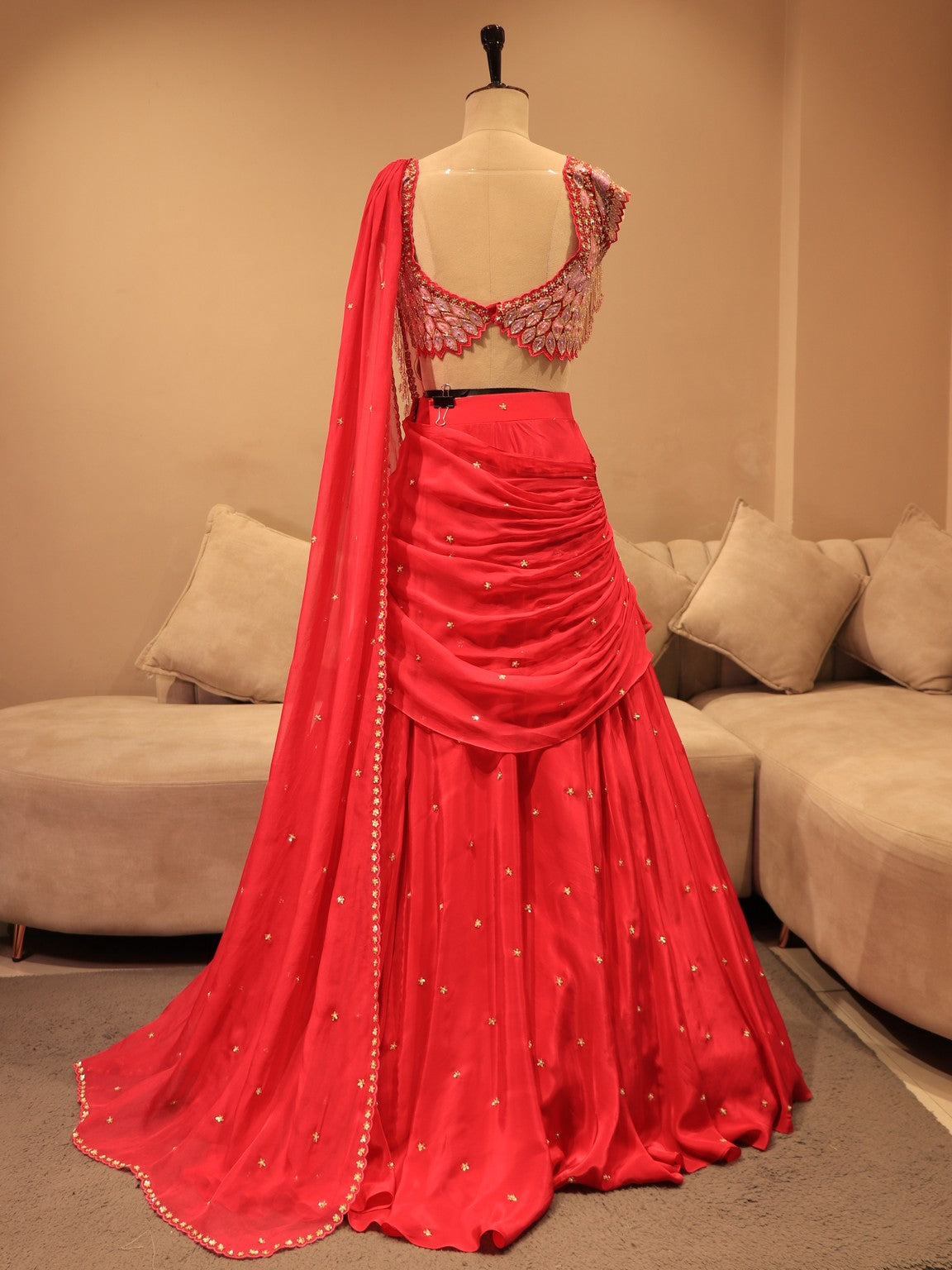 Hot pink embroidered lehenga set drape dupatta