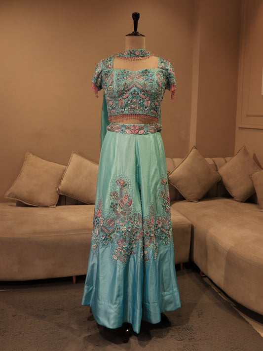 Sea green shaded crop top plazo set