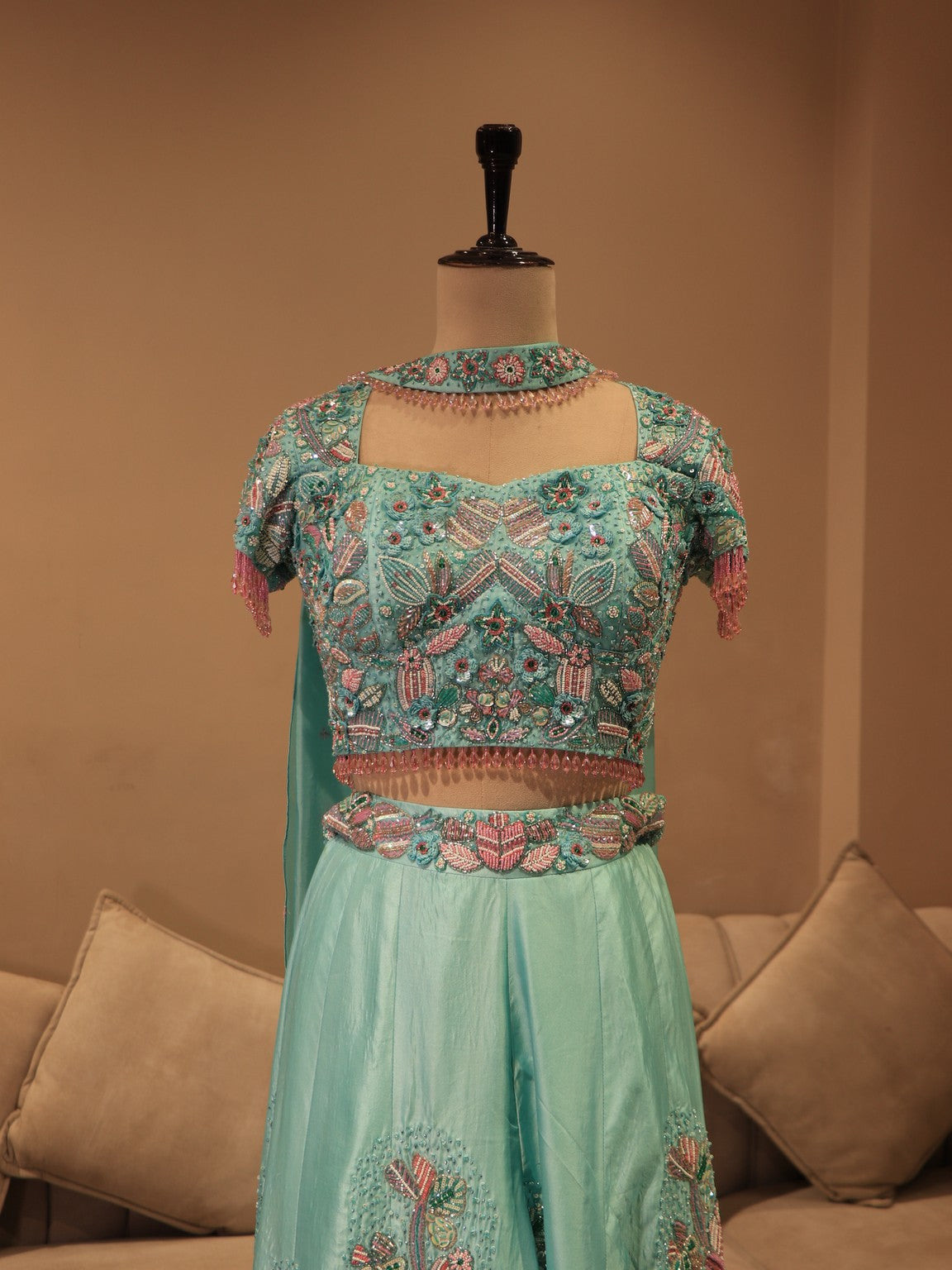 Sea green shaded crop top plazo set