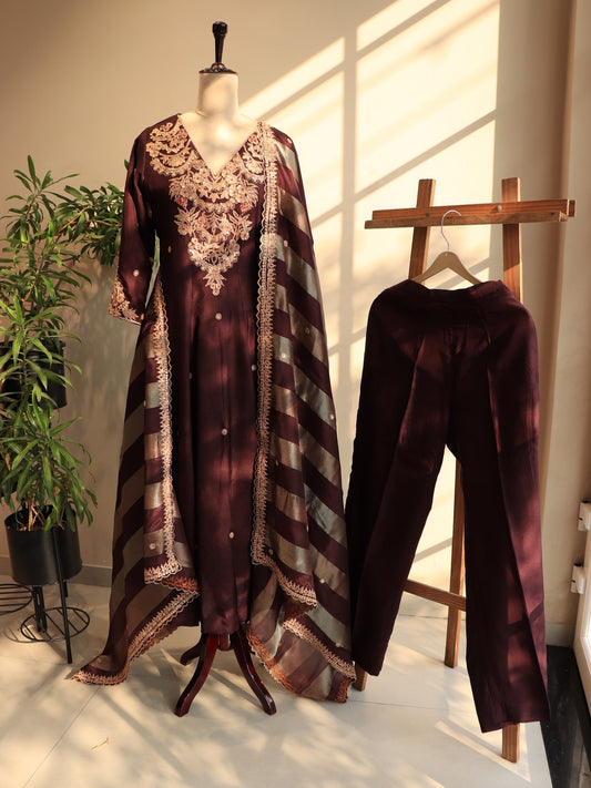 Deep brown marodi kurta pants with dupatta