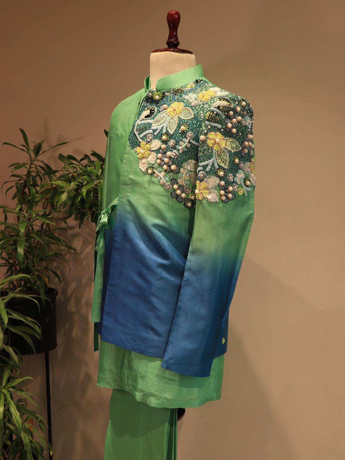 Sea green shaded mens indo western