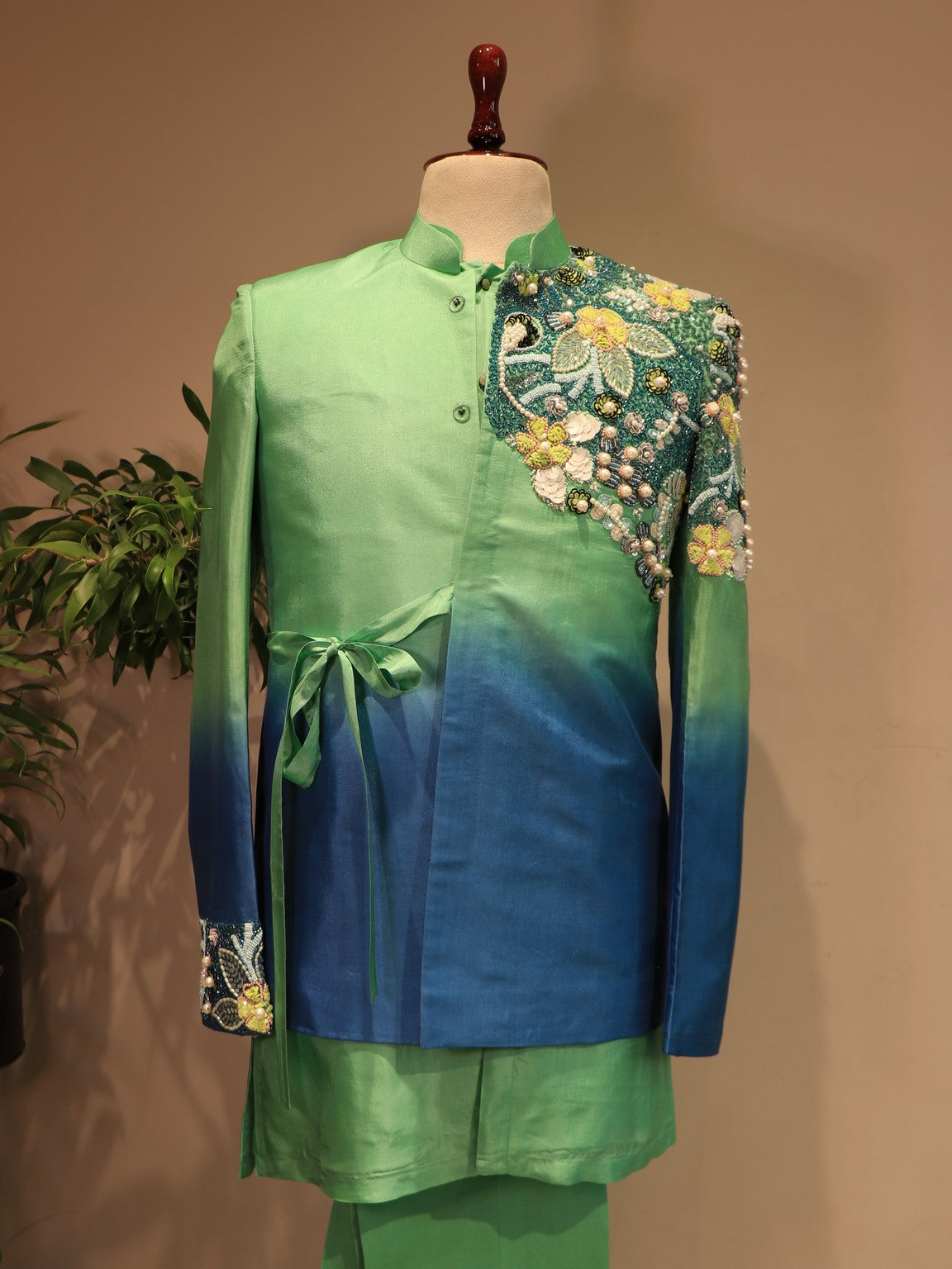 Sea green shaded mens indo western