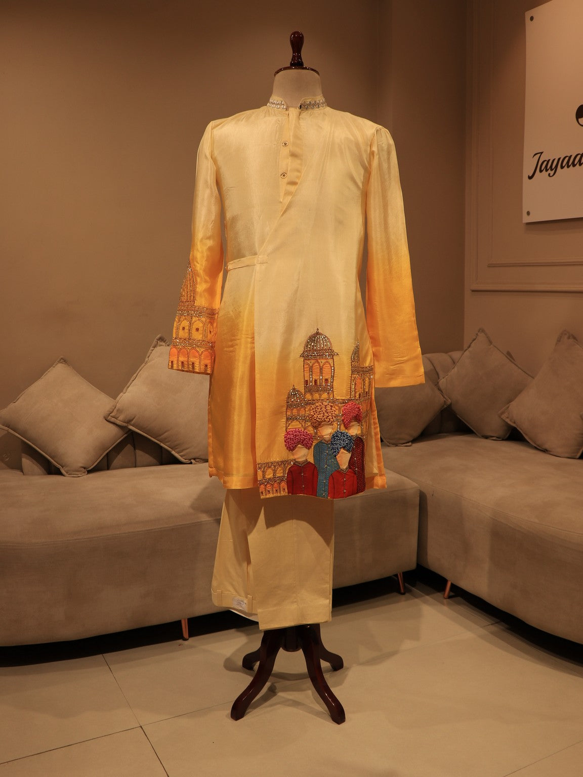 Yellow shaded mens hand painted kurta pants set