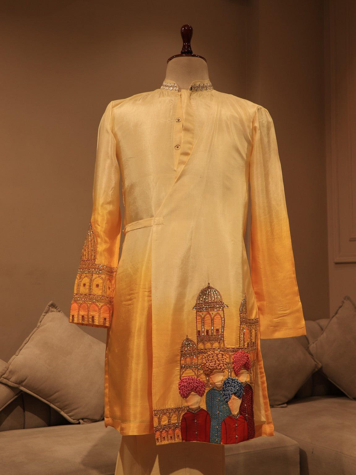 Yellow shaded mens hand painted kurta pants set